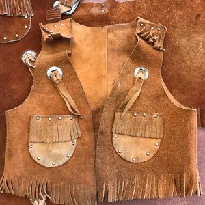 Vintage Western kids vest & chaps cowboy cowgirl buckskin leather size M